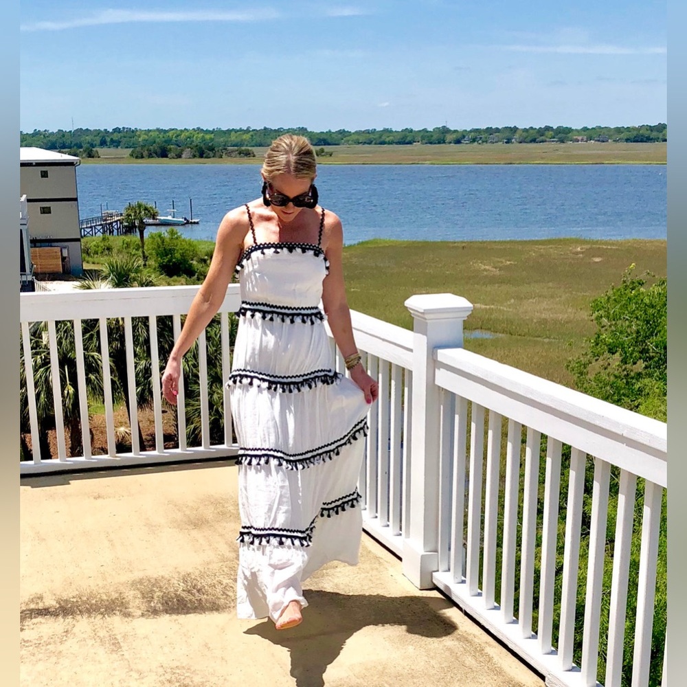 L’ATISTE Tiered White & Black Maxi Dress – Tassel Trim | Size XS - Picture 4 of 13